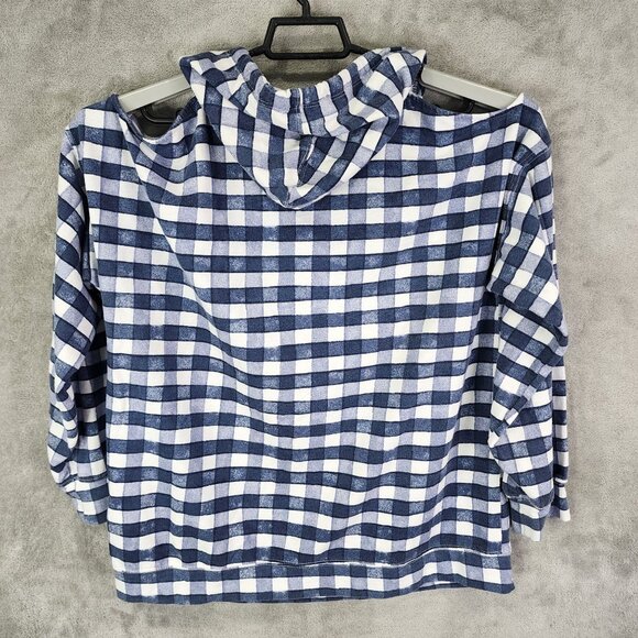 Womens Blue & White Checkered Hoodie Shirt Cold Shoulder Long Sleeve Size L - Picture 7 of 10